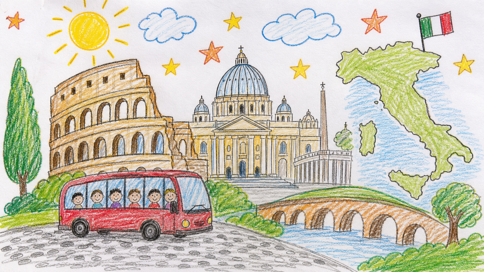 Il viaggio a Roma - copertina in stile disegno di bambino